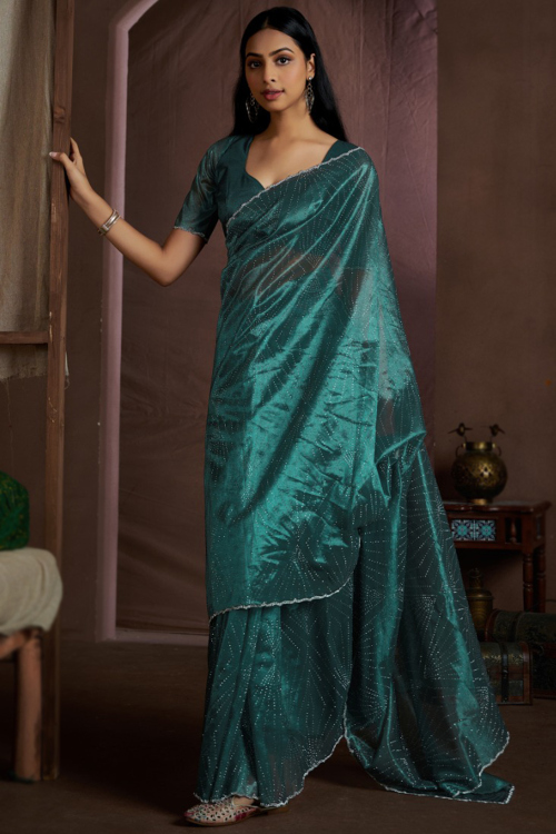 Teal Green Organza Stone Embellished Light Weight Saree