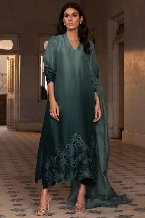 Wedding Special Teal Green Silk A Line Trouser Suit for Wedding & Party