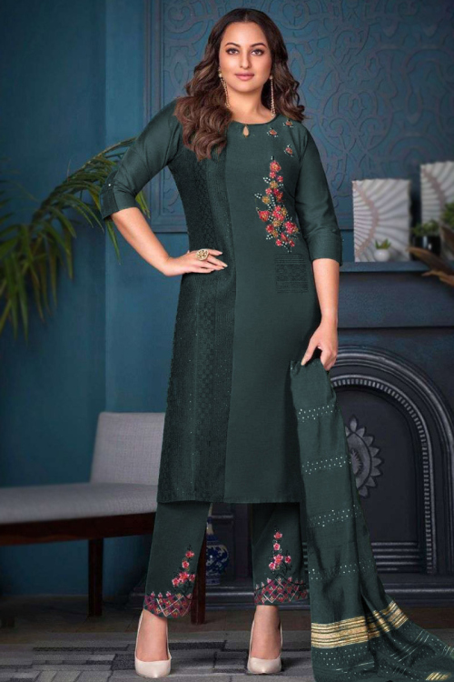 Teal Green Silk Embroidered Straight Cut Suit