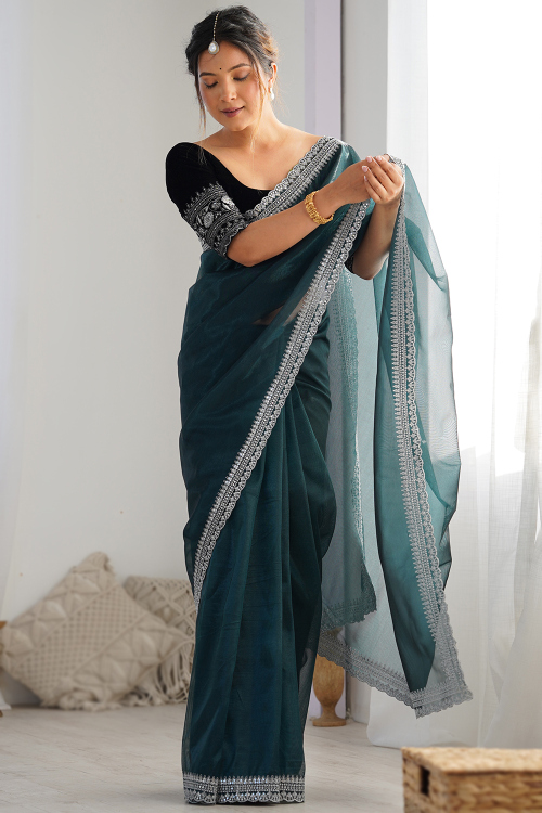 Teal Green Tissue Shimmer Saree With Zari Work For Mehndi