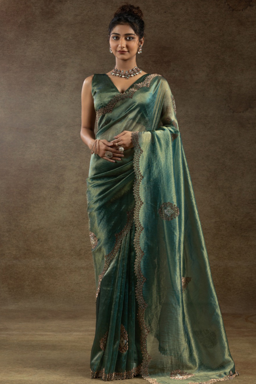 Teal Green Tissue Silk Saree With Stone Work For Diwali