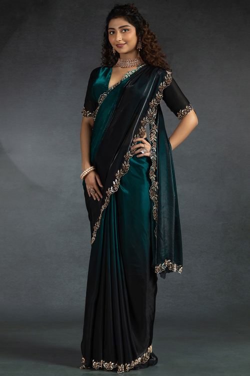 Teal Green Tissue Silk Stone Embellished Saree