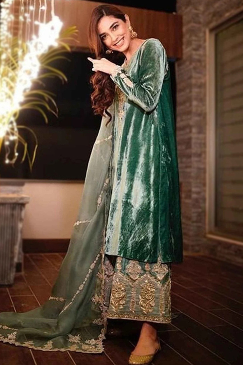 Teal Green Velvet Embroidered Straight Cut Palazzo Suit for Wedding & Party