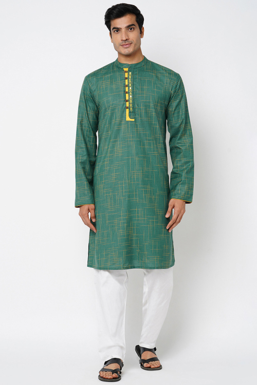 Teal Green Weaved Thread Cotton Casual Wear Men's Kurta Pajama