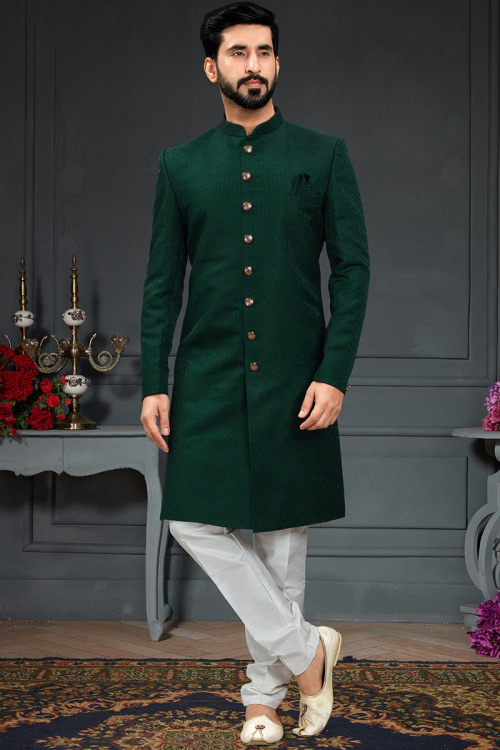 Teal Green Woven Jacquard Men Sherwani