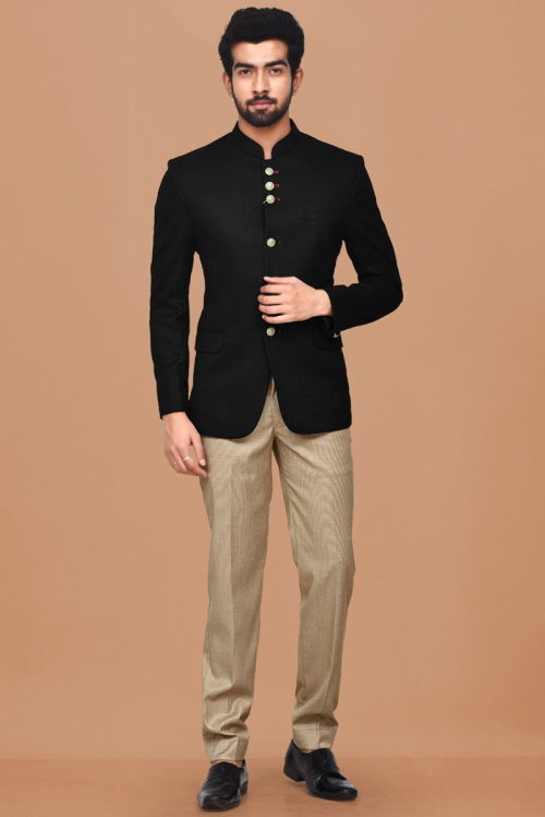 Terry Rayon Black Weaved Thread Jodhpuri Style Men's Coat Pant