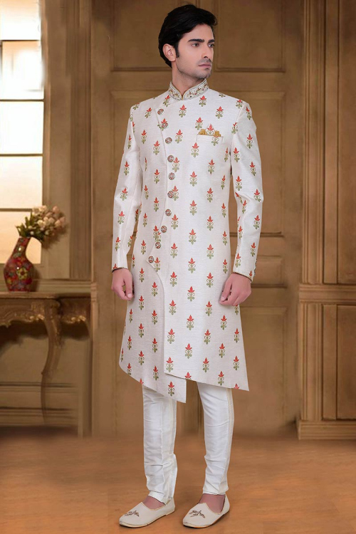 Thread And Zari Embroidered Silk Off White Men Sherwani