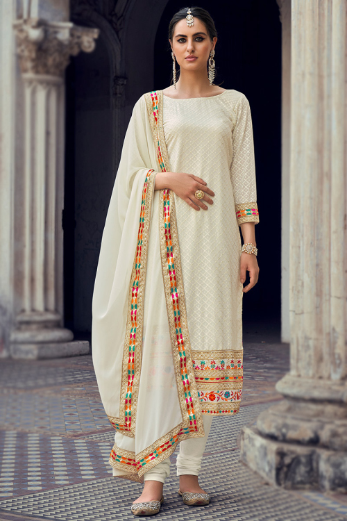 Thread Embroidered Georgette Cream Churidar Suit