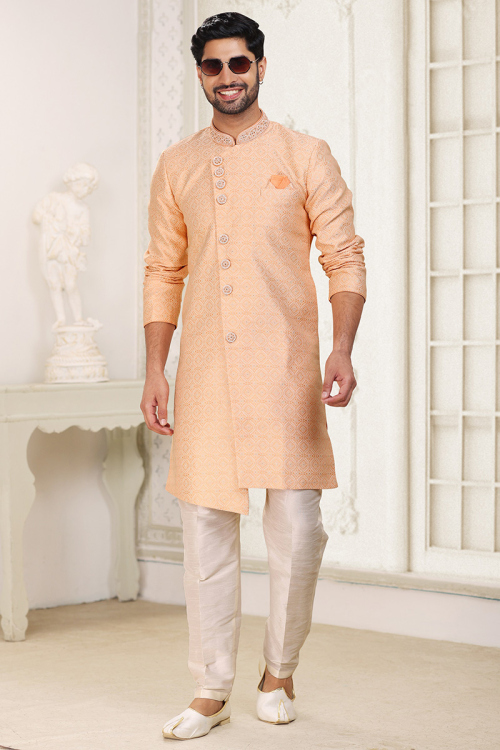 Thread Embroidered Jacquard Coral Peach Men's Sherwani 