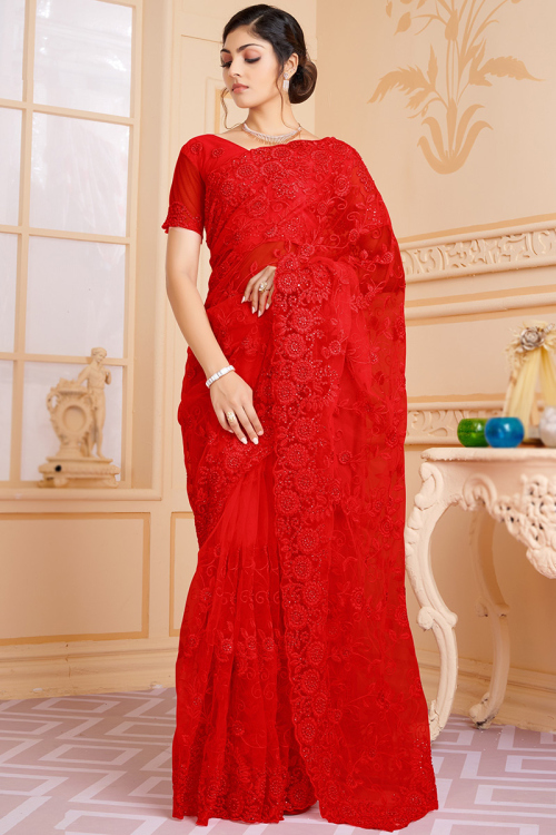 Woven Saree in Net Red for Party 