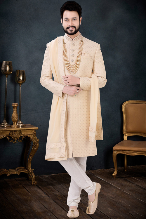 Thread Embroidered Silk Peach Men Sherwani