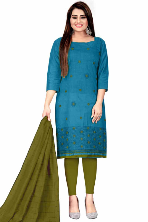 Thread Work Embroidered Cotton Peacock Blue Trouser Suit