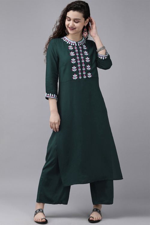 Thread Work Embroidered Cotton Rayon Dark Green Trouser Suit