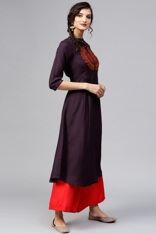 Thread Work Embroidered Cotton Rayon Wine Maroon Trouser Suit