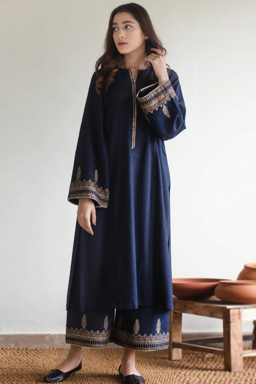 Navy Blue Cotton Silk Thread Work Embroidered Trouser Salwar Suit for Party Wear