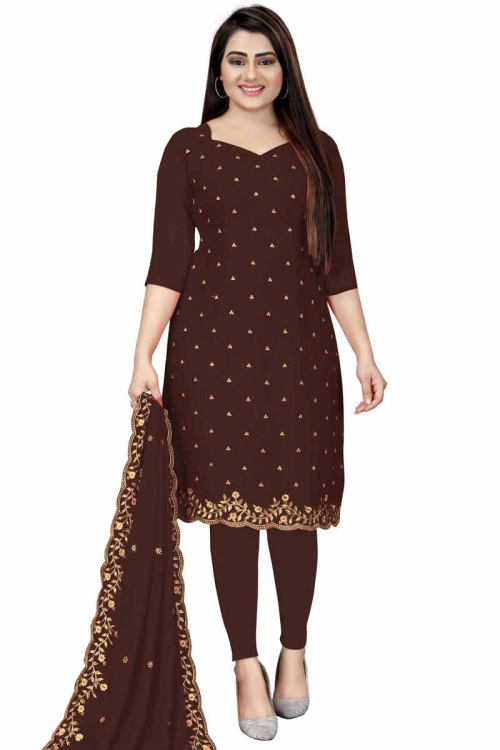 Thread Work Embroidered Georgette Dark Brown Churidar Suit