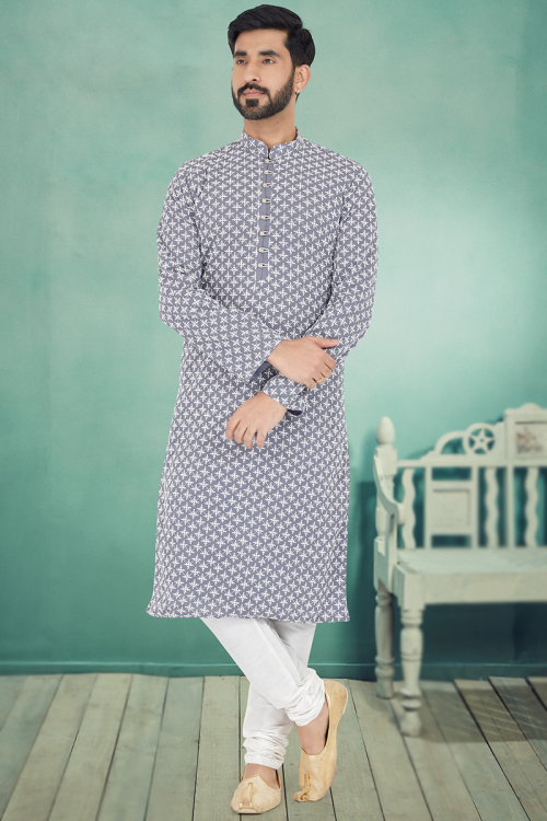 Georgette Men Kurta Pajama in Dusty Blue for Wedding 