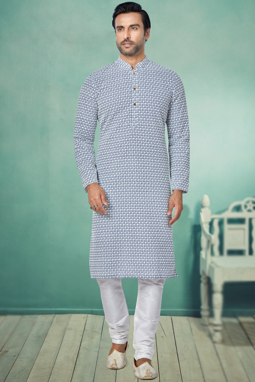Georgette Men Kurta Pajama in Dusty Blue colour for Wedding 