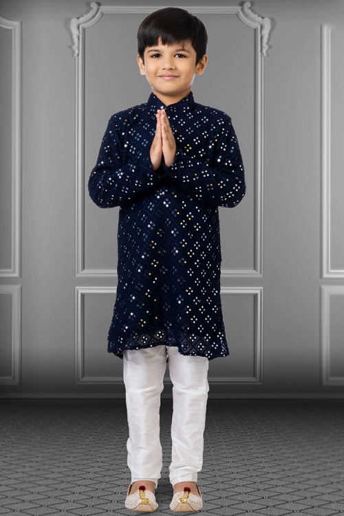 Thread Work Navy Blue Kurta Pajama in Georgette for Wedding 