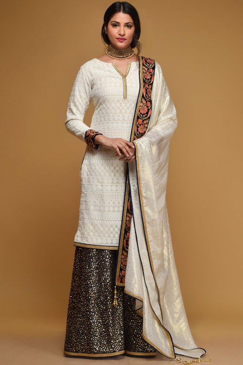 Thread Work Embroidered Georgette Ivory Designer Sharara Salwar Suit for Wedding