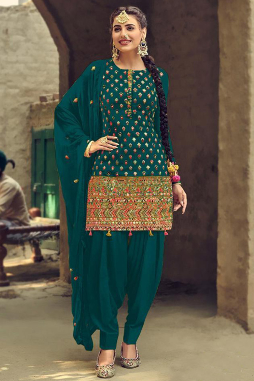 Thread Work Embroidered Georgette Teal Green Patiala Suit