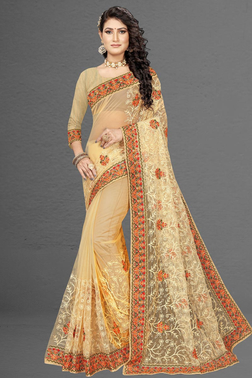 Thread Embroidered Net Light Yellow Saree