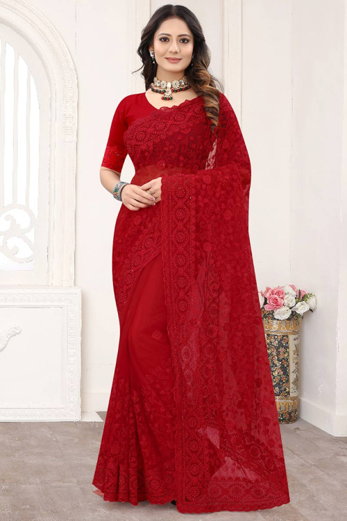 Saree for Party Wear in Net Red with Thread Work