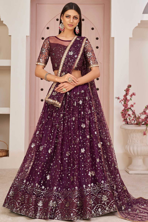 Embroidered Net Wine Lehenga