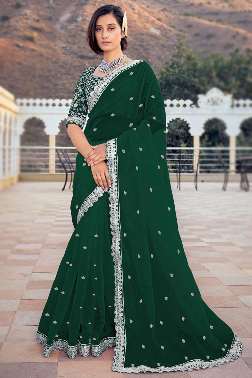Thread Work Embroidered Organza Emerald Green Saree