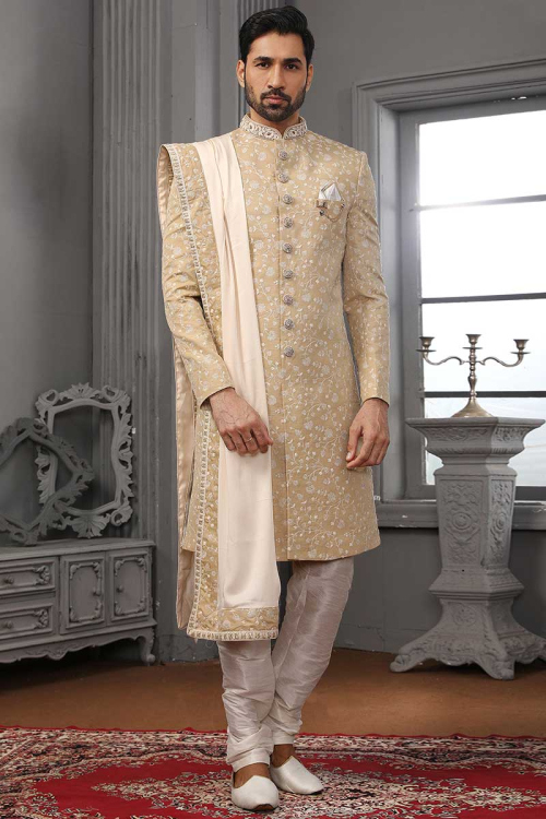 Thread Work Embroidered Silk Cream Beige Men Sherwani
