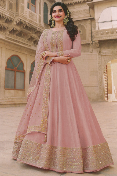 Soft Silk Anarkali Suit in Salmon Pink for Party 
