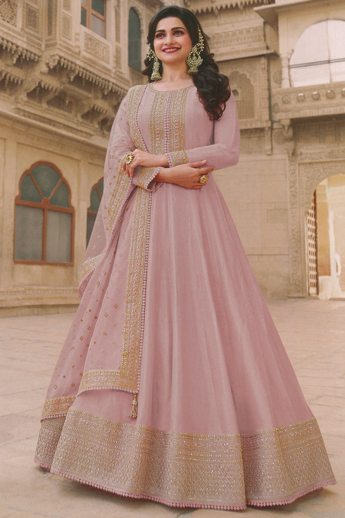 Soft Silk Anarkali Suit in Salmon Pink for Wedding Party
