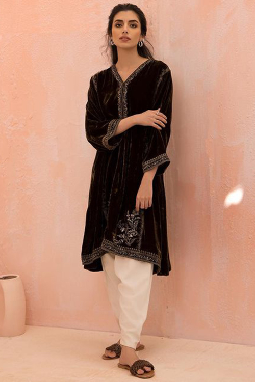 Thread Work Embroidered Velvet Dark Brown Patiala Suit