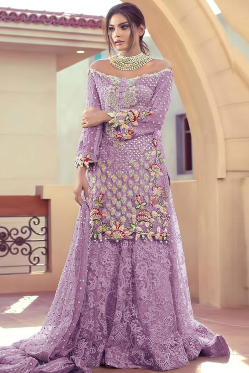 Thulian Pink Net Lehenga for Sangeet with Thread embroidery