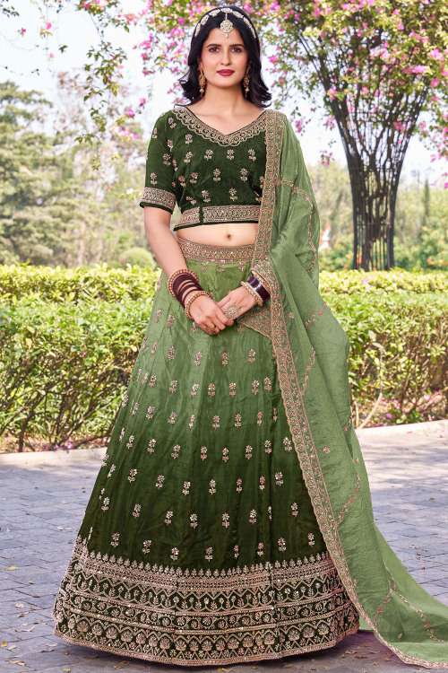 Tissue Army Green Lehenga with Sequins Work for Wedding