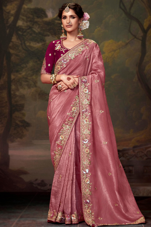 Tissue Mauve Pink Pearl Embroidered Light Weight Saree