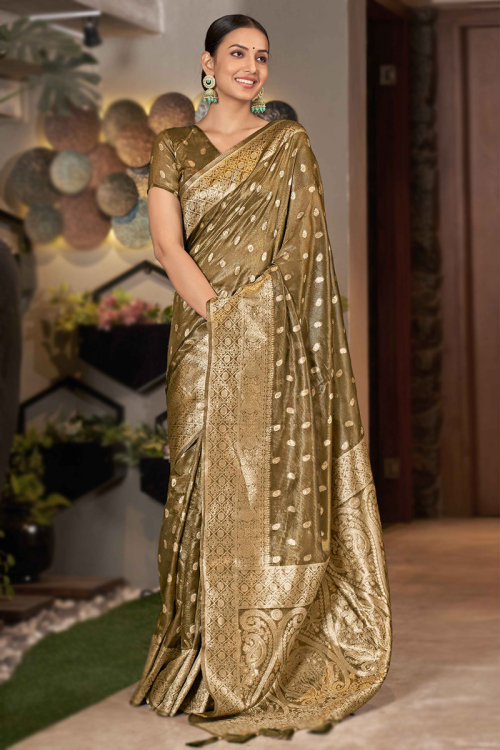 Tissue Olive Brown Woven Zari Broad Border Saree