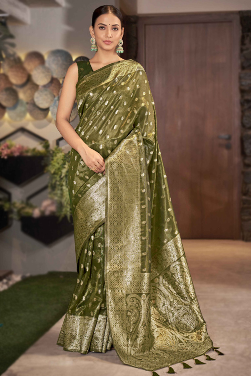 Tissue Olive Green Woven Zari Broad Border Saree