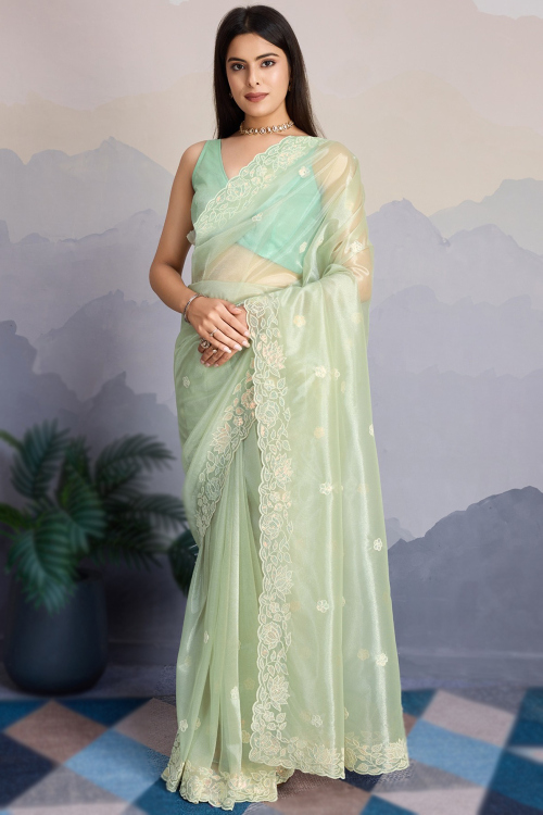 Tissue Pistachio Green Embroidered Shimmer Saree