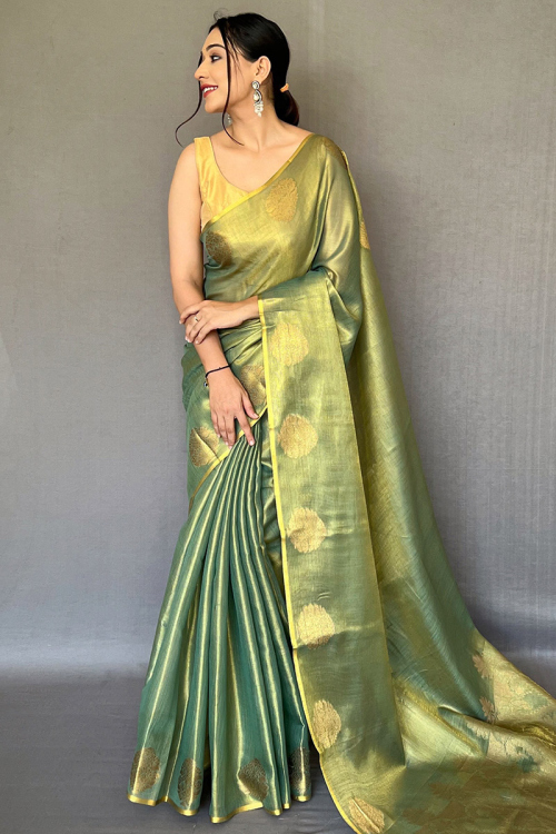 Tissue Silk Dusty Mint Green Woven Zari Saree 