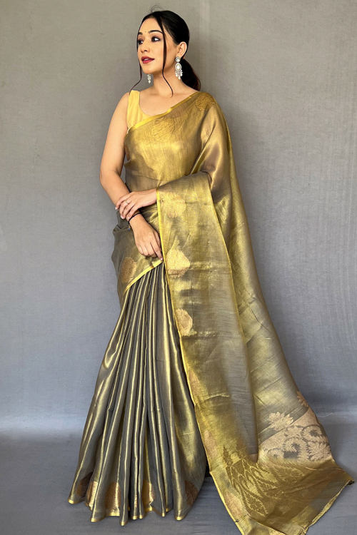Tissue Silk Grey Beige Woven Zari Saree 