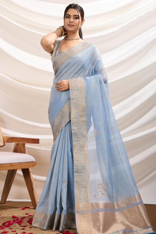 Tissue Sky Blue Saree with Woven Zari Work for Festival
