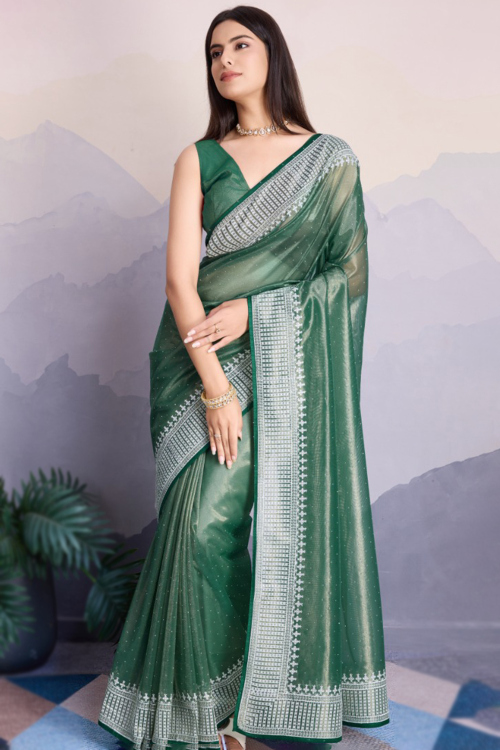Tissue Teal Green Embroidered Shimmer Saree