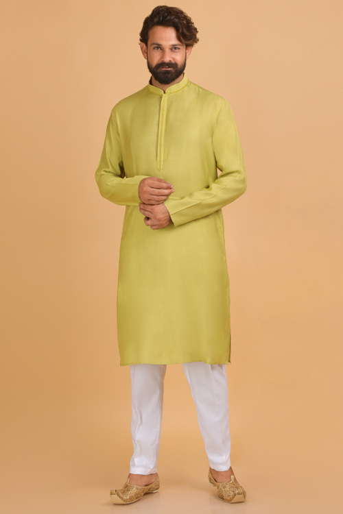 Traditional Pear Green Linen Men's Kurta Pajama 