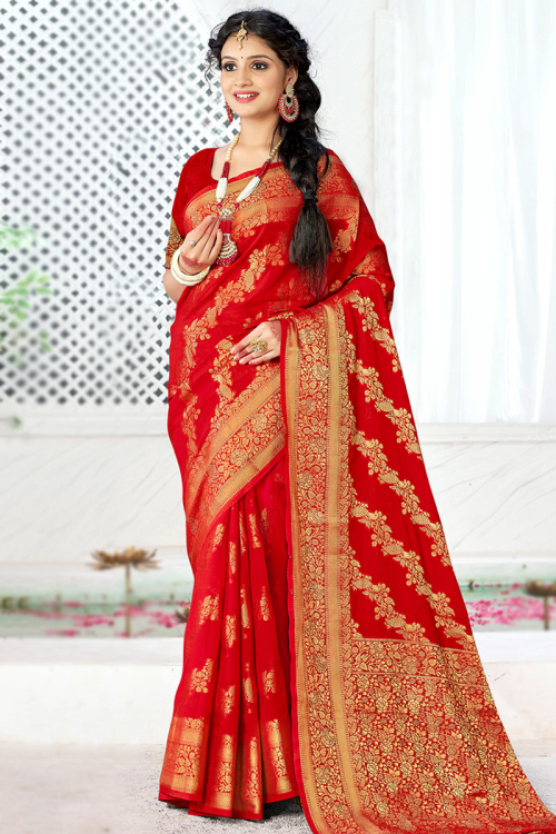 Traditional Red Banarasi Silk Weaved Zari Saree 
