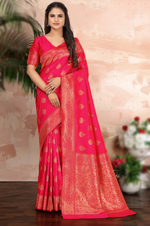 Traditional Ruby Pink Weaved Zari Banarasi Silk Saree 