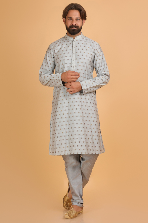 Traditional Wear Art Silk Light Grey Men's Straight Cut Kurta Pajama 