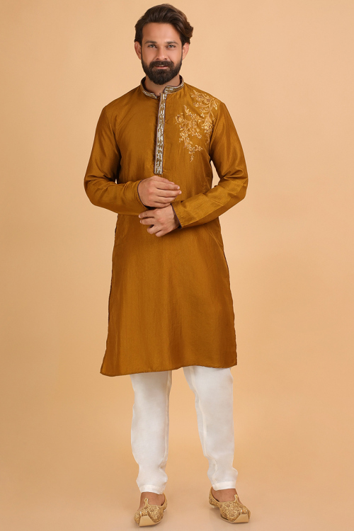 Trending Fashion Yellow Brown Printed Men's Kurta Pajama