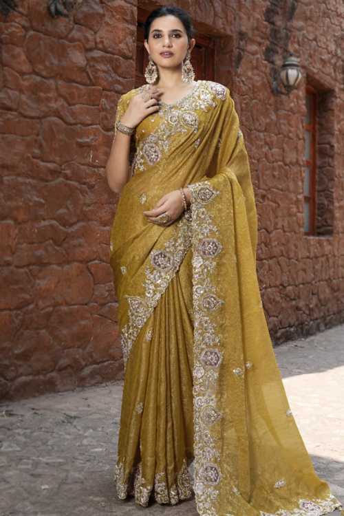 Trombone Yellow Art Silk Resham Thread Saree 