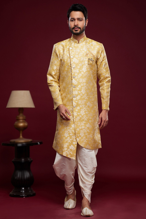 Trombone Yellow Jacquard Weaved Zari Angrakha Styal Men's Sherwani